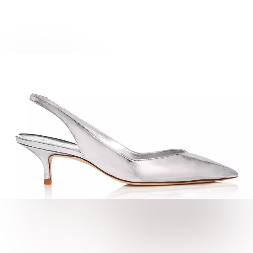 Stuart Weitzman Eva 50 Metallic Silver Slingback Heels